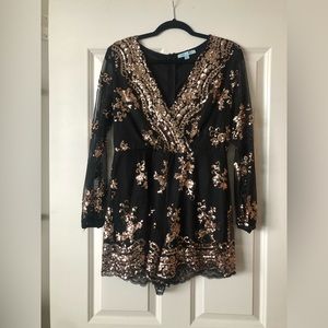 She & Sky Black and Gold Long Sleeve Short Romper